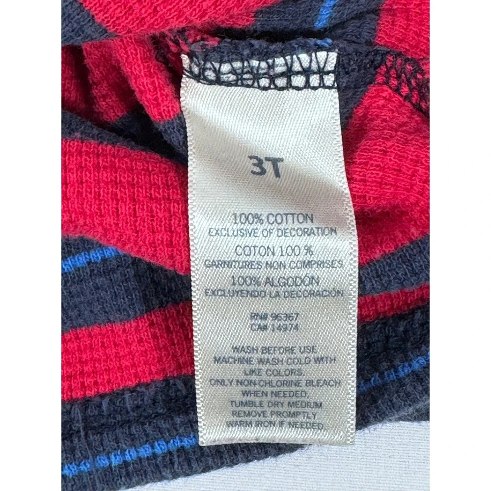 OshKosh Bgosh Boys 3T Thermal Shirt Navy Blue Red Striped Waffle Knit Long Sleev